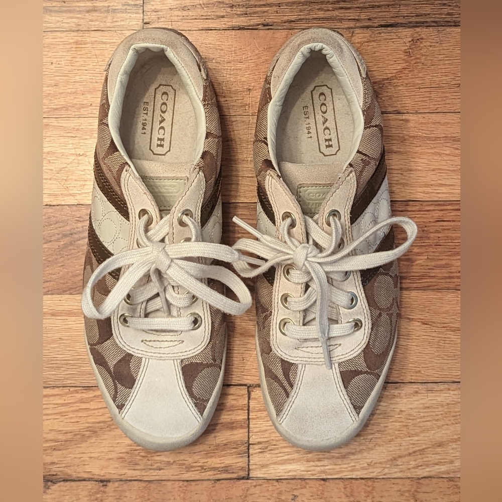 EUC Coach beige/tan Meagan monogram suede/canvas lace up sneakers